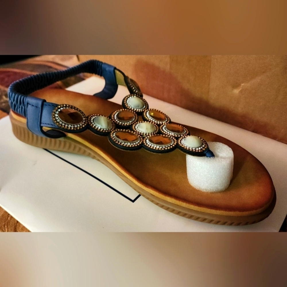 Womens Flat Sandals with Elastic Back Jewel Design on Thong Flip Flop Boho 7.5 - Picture 1 of 6